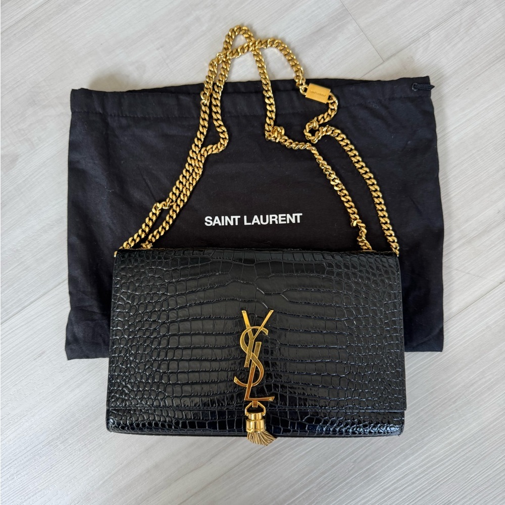 Saint Laurent Black Croc-Embossed Leather Bag with Gold Chain